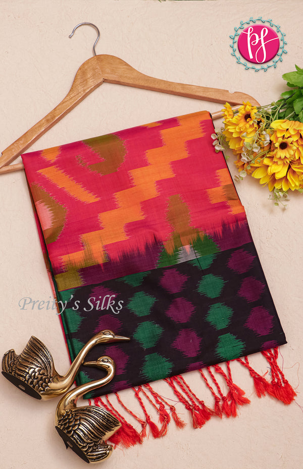 Pure Pochampally Soft Silk saree - Deep Navy Blue- Orangish Pink-PF02662