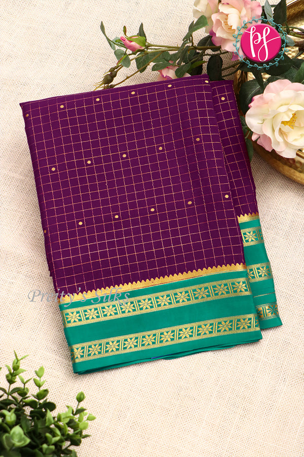 Pure Mysore Crepe Silk Saree -Dark Purple And Seagreen-PF86103