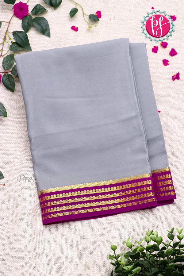 Pure Mysore Crepe Silk Saree -Grey And Purple-PF79543
