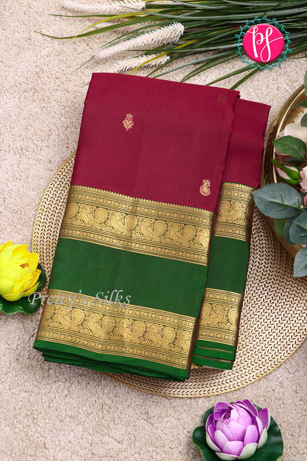 Half Pure Kanchipuram Silk Saree-Burgundy And Green-PA24684