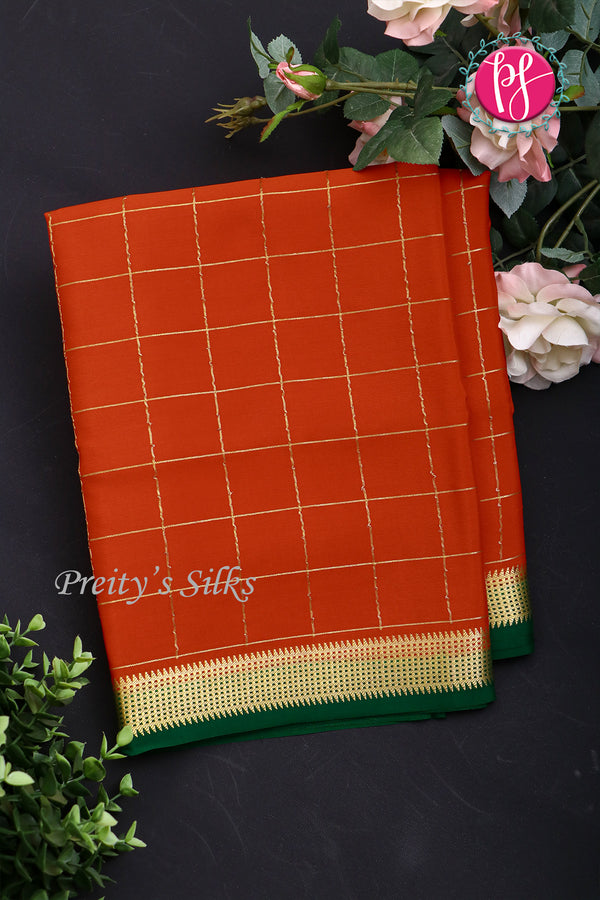 Pure Mysore Crepe Silk Saree -Red And Bottle green-PA09448