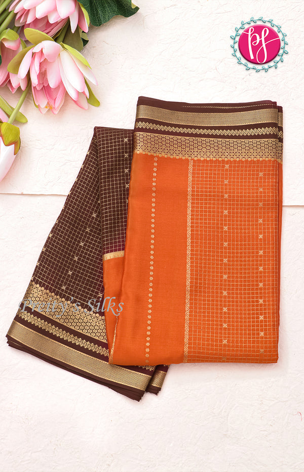 Pure Mysore Crepe Silk saree-Half And Half Pattern-Orange and deep brown-PF60718