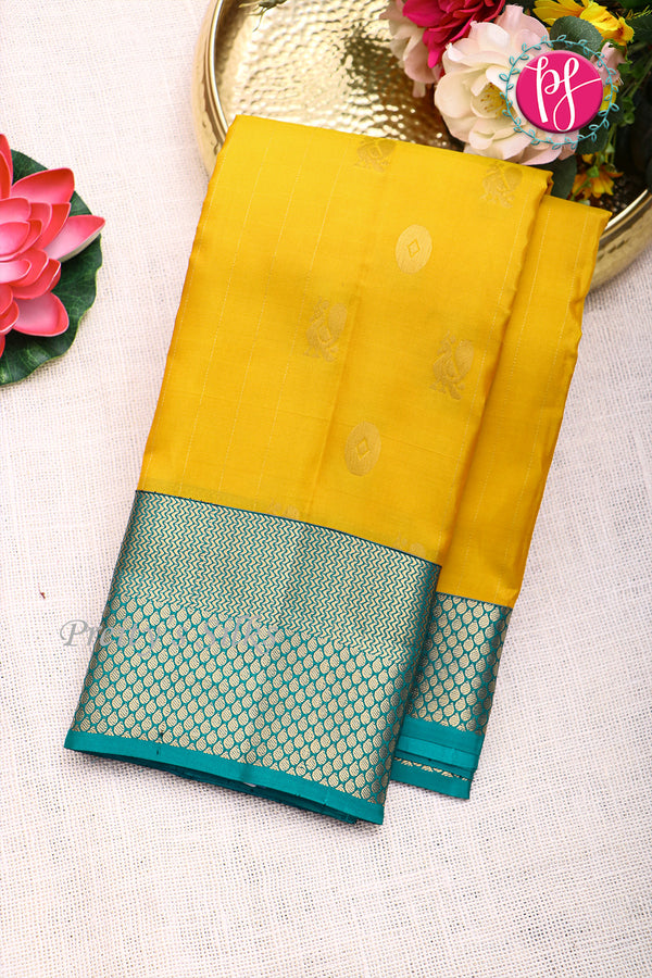 Half Pure Kanchipuram Silk Saree-Yellow And Peacockblue-PF82168