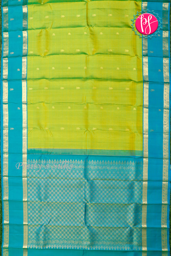 Pure Kanchipuram Silk Saree-Leamongreen And Tealblue-PA26216