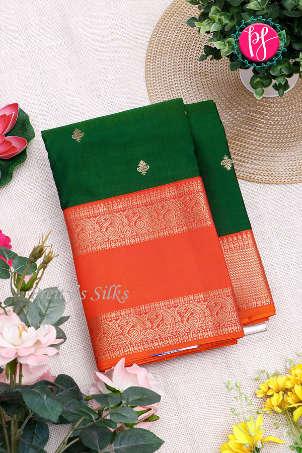 Pure Kanchipuram Silk Saree-Bottlegreen And Tomato Red-PA23592