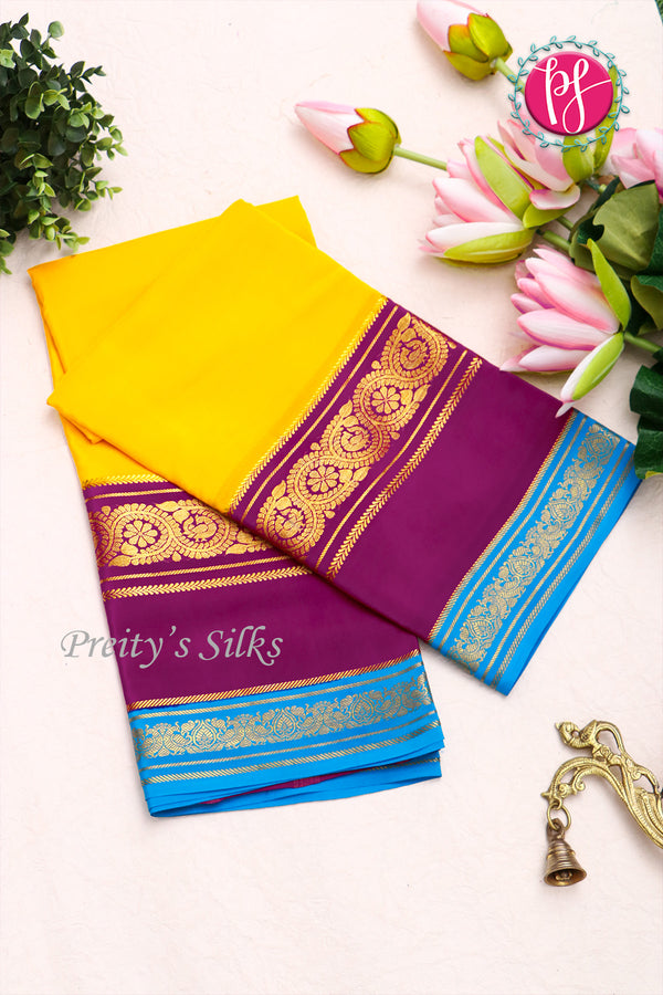 Pure Mysore Crepe Silk Saree -Yellow And Purple skyblue-PA01233