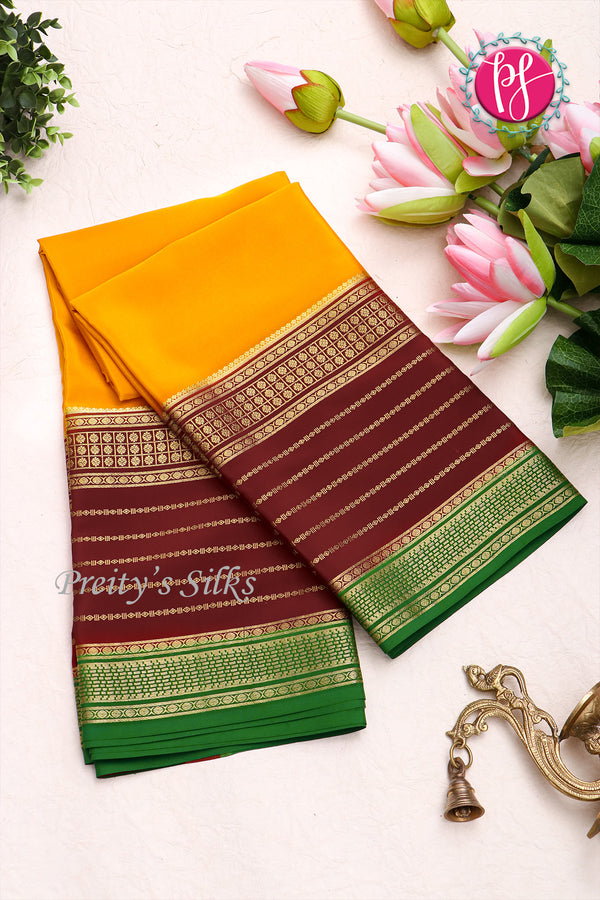 Pure Mysore Crepe Silk Saree -Yellow And Marron Green-PA01208