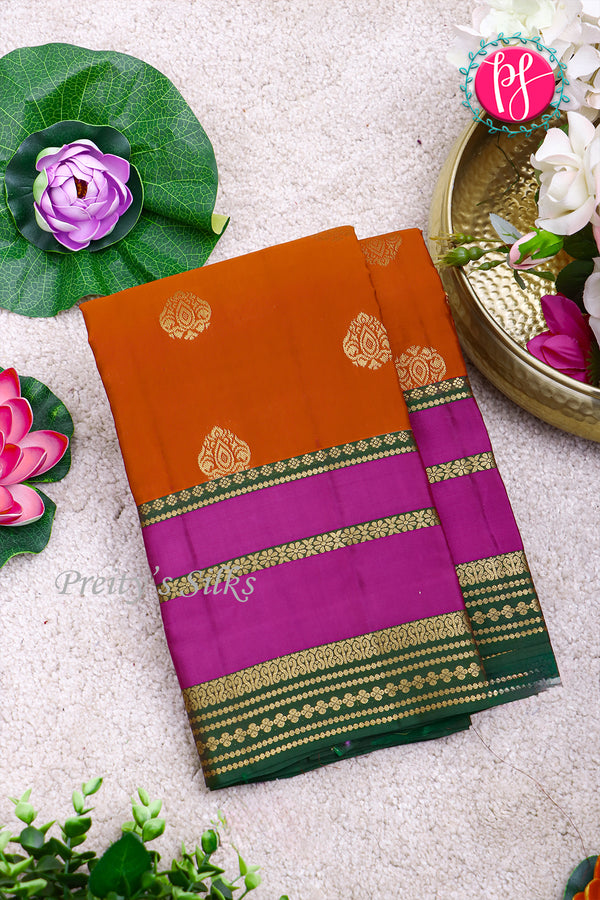 Half Pure Kanchipuram Silk Saree- ORANGE Triple Border- PA24996