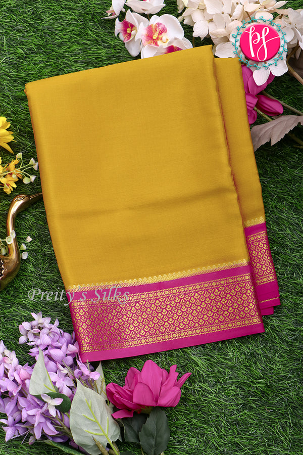 Pure Mysore Crepe Silk Saree-Mustardyellow And Pink-PA22355