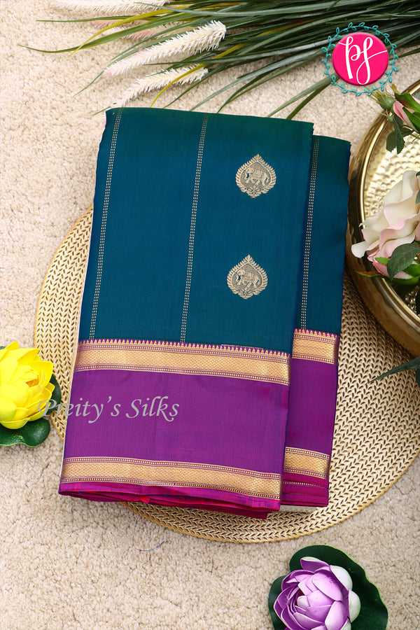 Half Pure Kanchipuram Silk Saree-Peacockblue And Purple-PA25965
