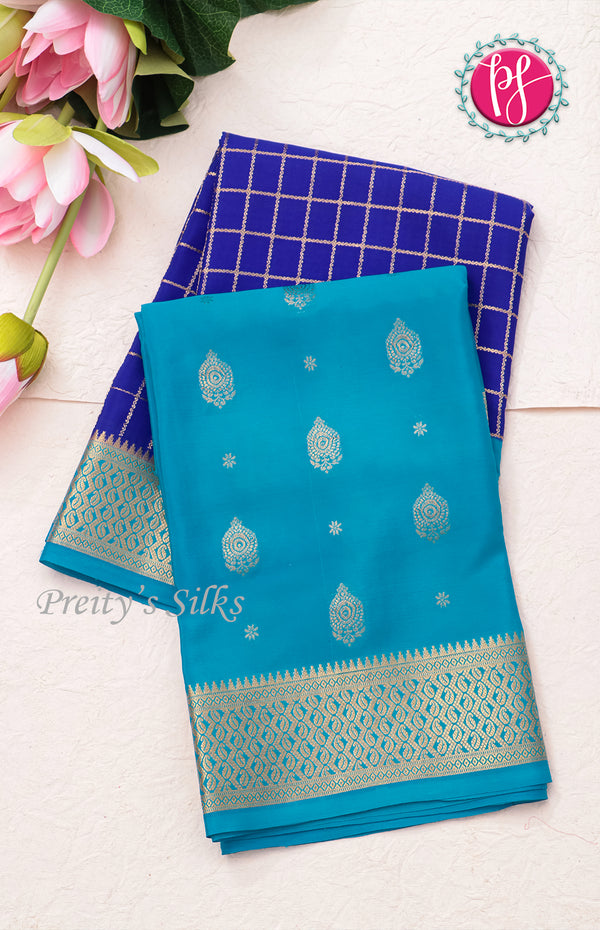 Pure Mysore Crepe Silk saree-Half And Half Pattern-Royalblue And Lightblue-PF60730