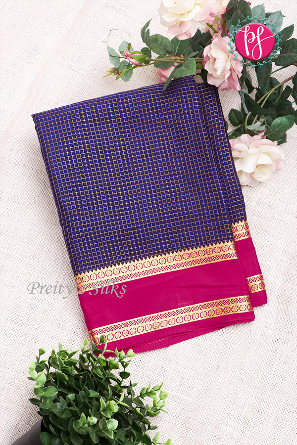 Pure Mysore Crepe Silk Saree -Navy blue And Pink-PF86048