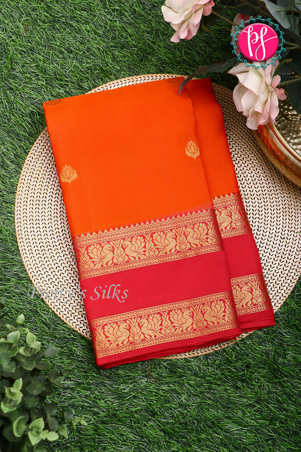 Half Pure Kanchipuram Silk Saree-Orange And Red-PA25793