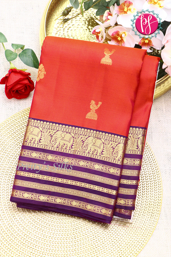 Pure Kanchipuram Silk Saree-Rustorange And Purple-PF47955