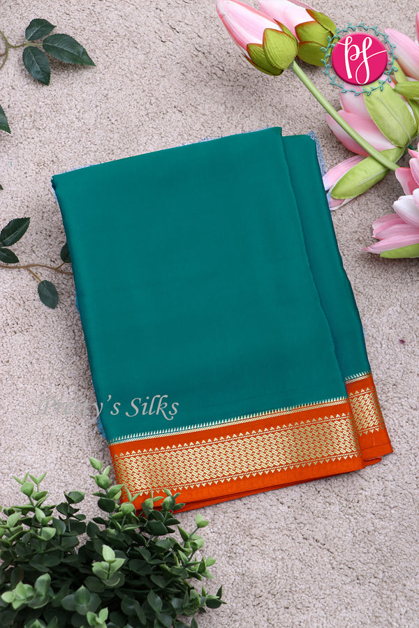 Pure Mysore Crepe Silk Saree -Deep Teal blue And Orange-PA10650