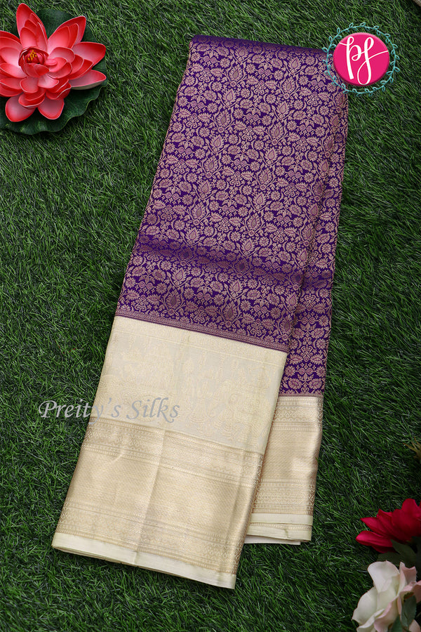 Pure Brocade Kanchipuram Silk Saree-Purple With Cream-PF83476