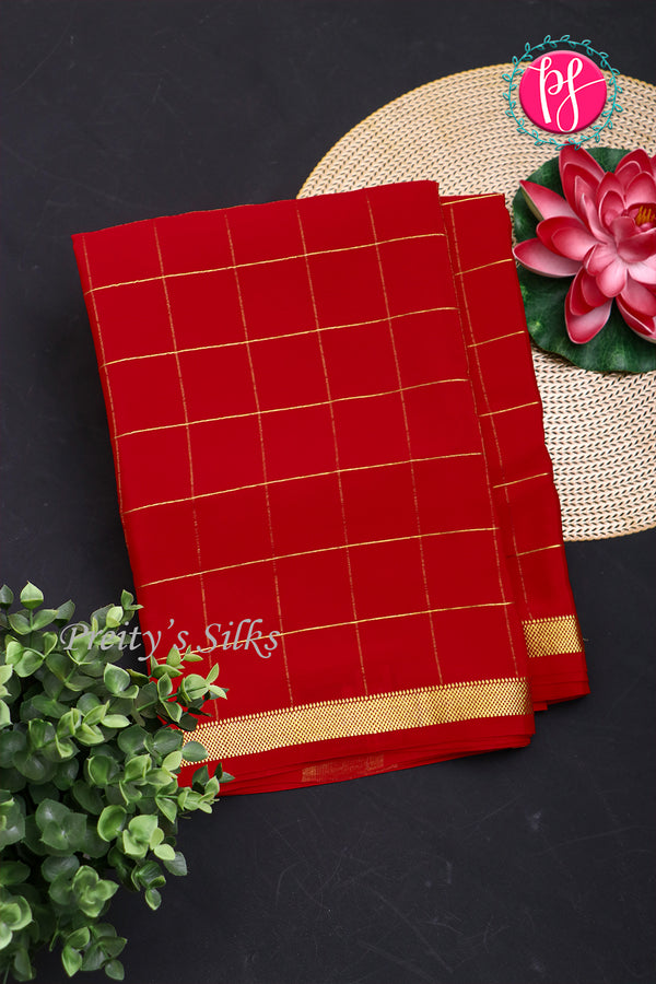 Pure Mysore Crepe Silk Saree-Singlechecks-Red-PA20527