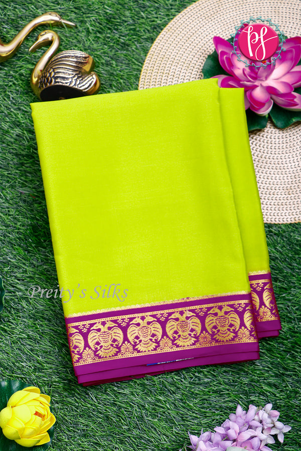 Pure Mysore Crepe Silk Saree-Gandaberunda Border-Lime Green And Purple-PA19895