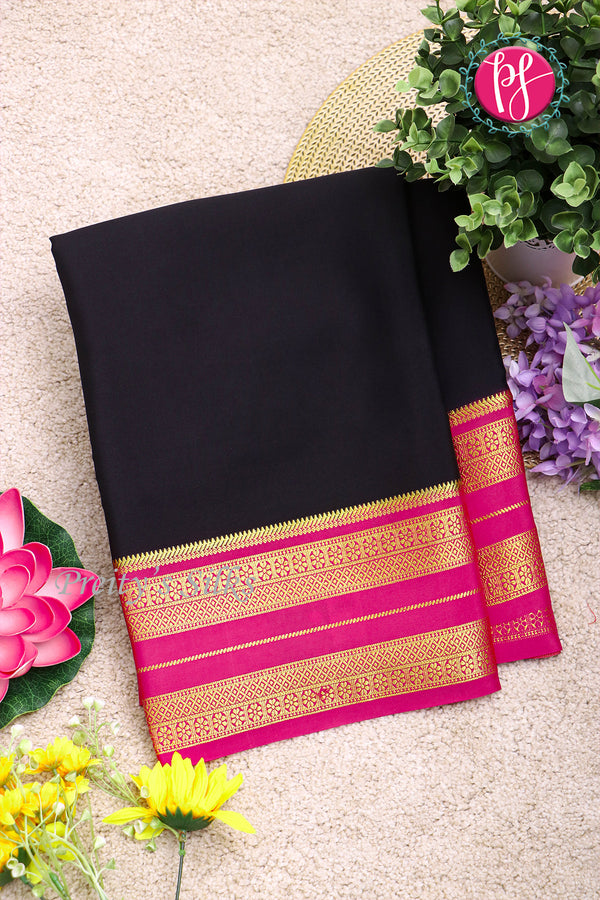 Pure Mysore Crepe Silk Saree-Black And Pink-PA19929