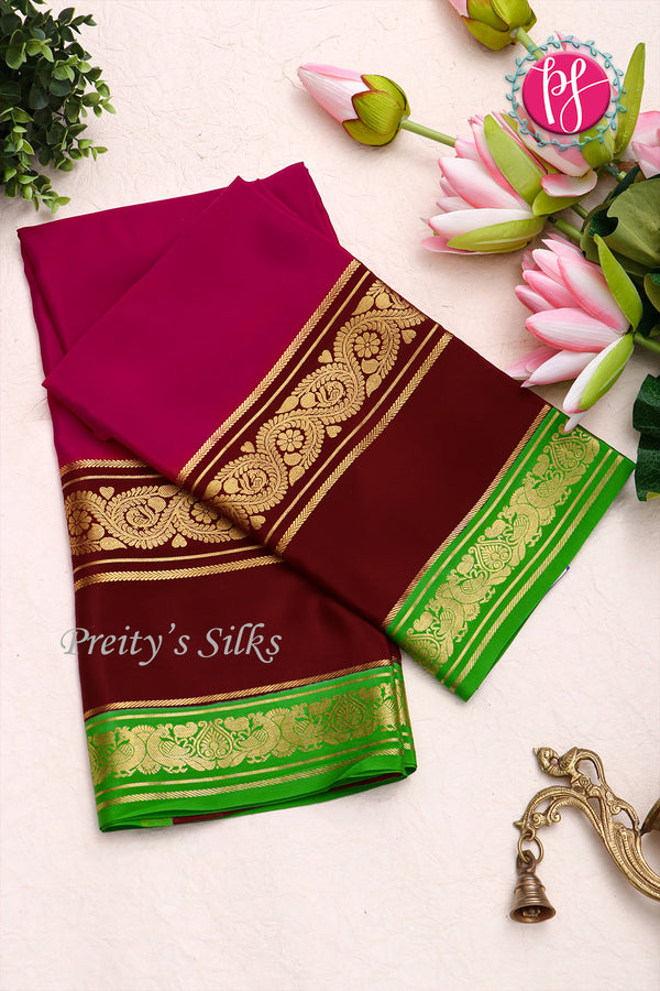 Pure Mysore Crepe Silk Saree -Dark Raspberry And Marron green-PA01242
