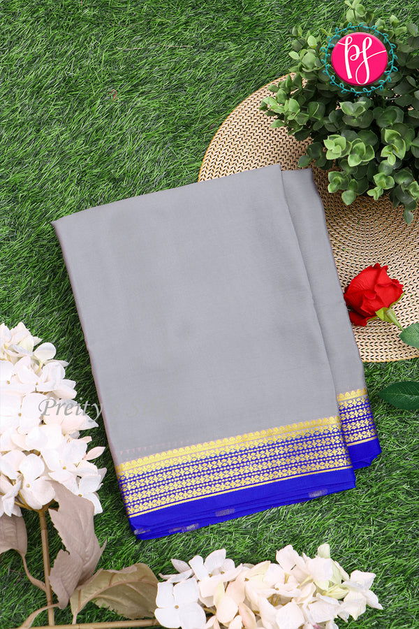 Pure Mysore Crepe Silk Saree-Grey And Royalblue-PA22237