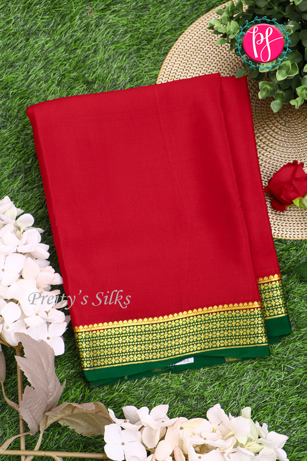 Pure Mysore Crepe Silk Saree-Red And Bottlegreen-PA22237