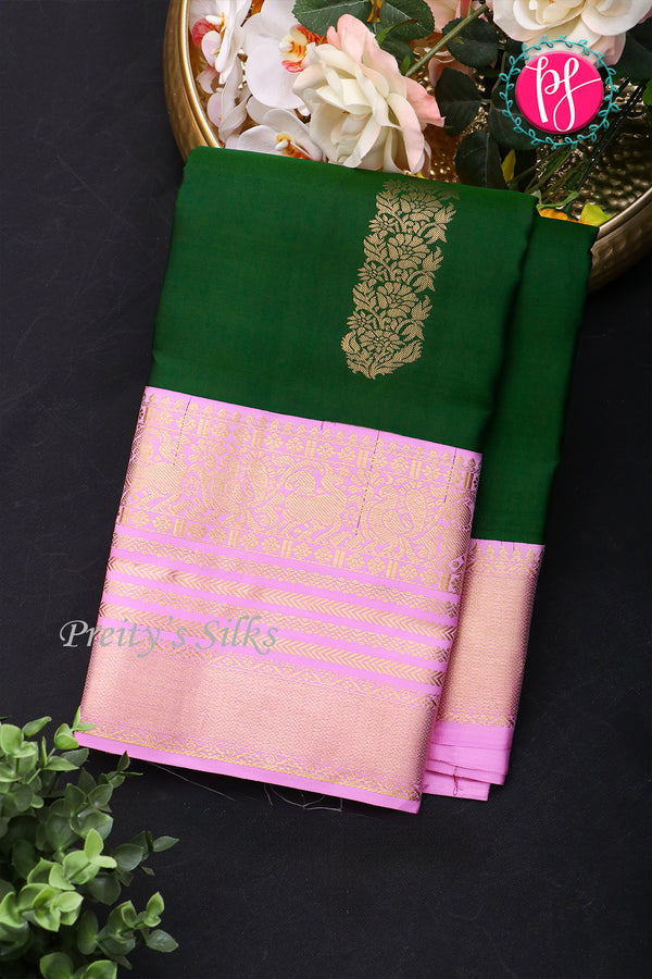 Pure Kanchipuram Silk Saree-Bottlegreen And Lightpink-PA23514