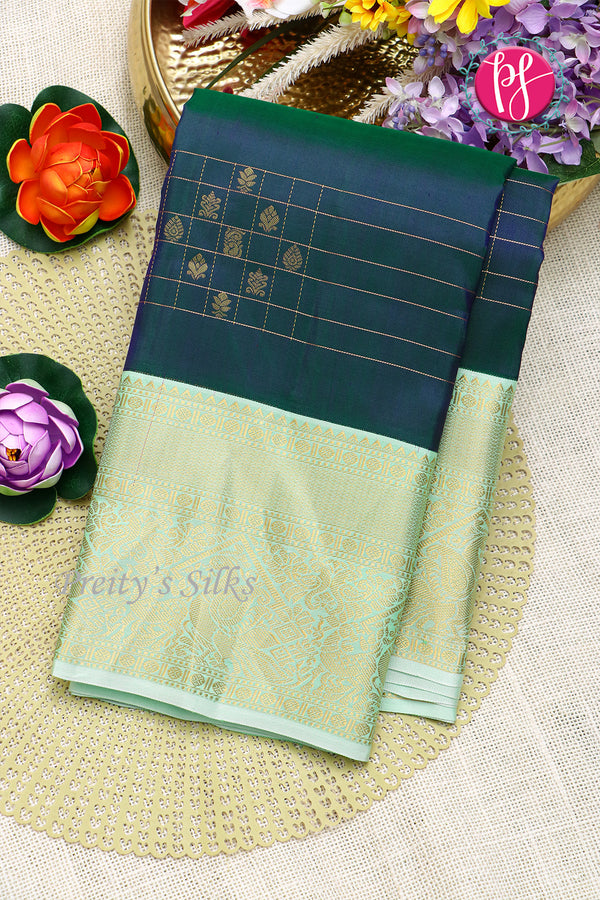 Pure Kanchipuram Silk Saree-Peacock Blue With Sea Green-PF81292