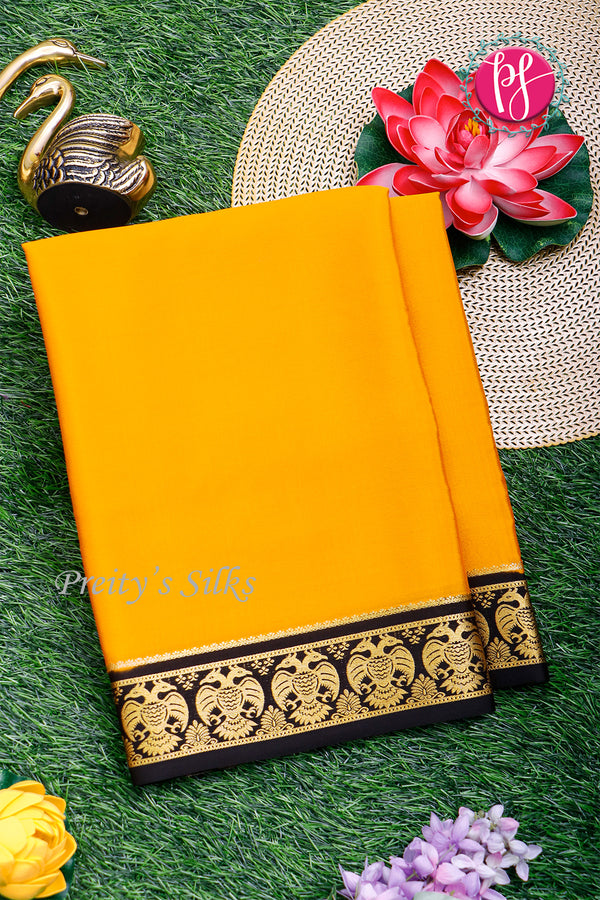 Pure Mysore Crepe Silk Saree-Gandaberunda-Yellow And Black-PA19895