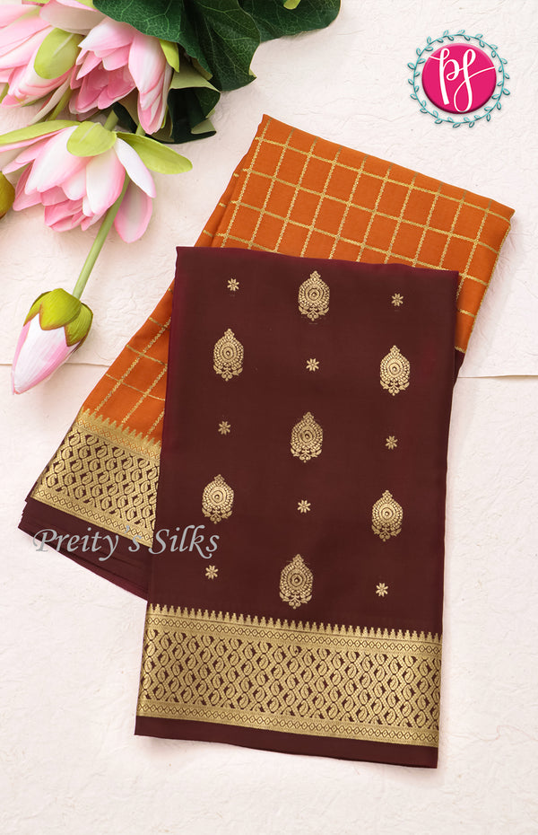 Pure Mysore Crepe Silk saree-Half And Half Pattern-Orange And Chocolatebrown-PF60734
