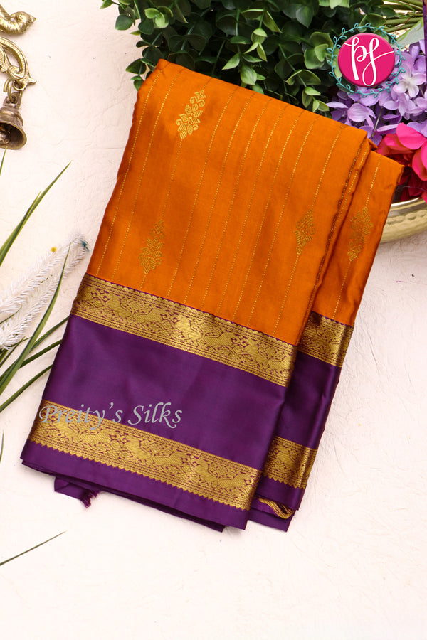 Semi Pure Kanchipuram Silk Saree-Mustard yellow And Purple-PF55938