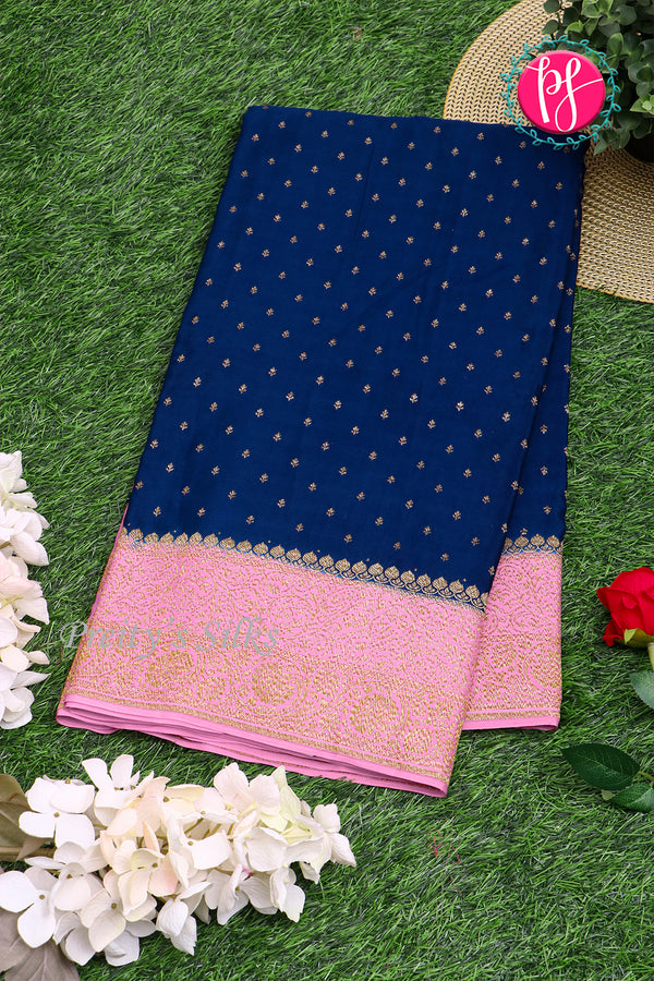 Pure Banarasi Crepe Silk Saree-Navyblue And Babypink-PA22100