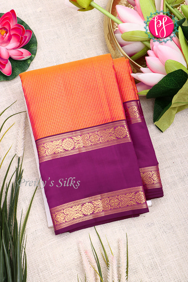 Pure Kanchipuram Silk Saree-Sunset orange And Purple-PA20377
