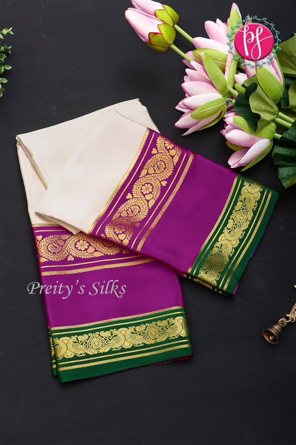 Pure Mysore Crepe Silk Saree -White And Purple Bottlegreen-PA01235