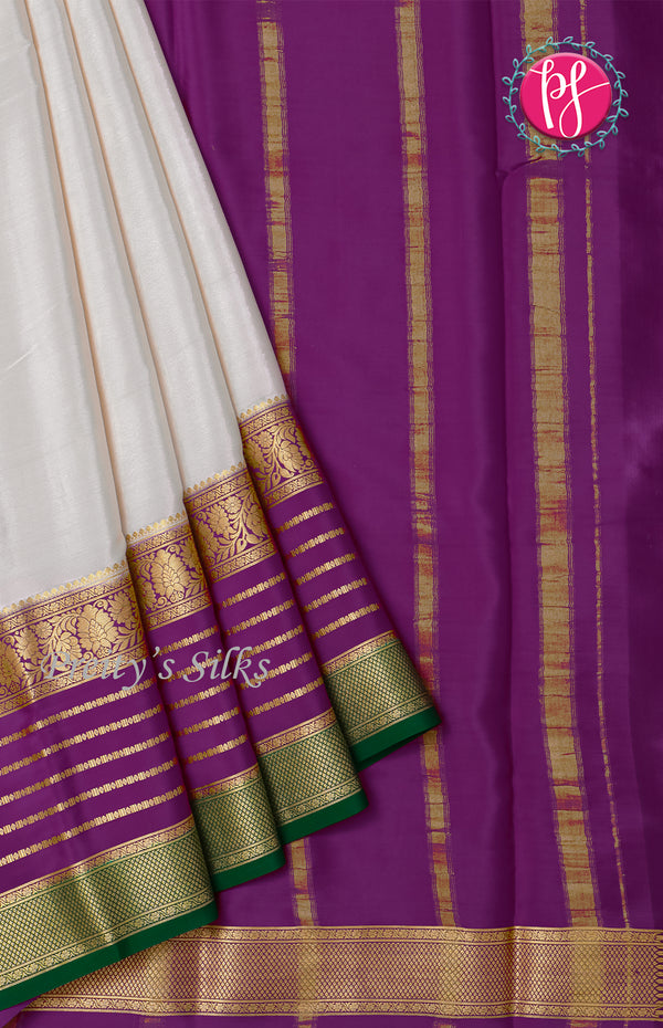 Pure Mysore Crepe Silk saree-White And Purple-PF45500
