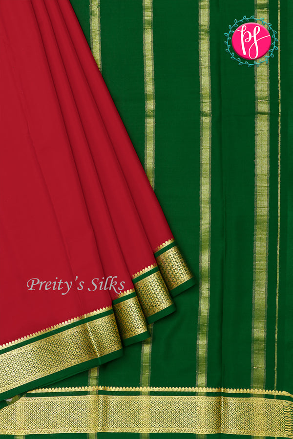 Pure Mysore Crepe Silk Saree-Crimsonred And Bottlegreen-PA28744