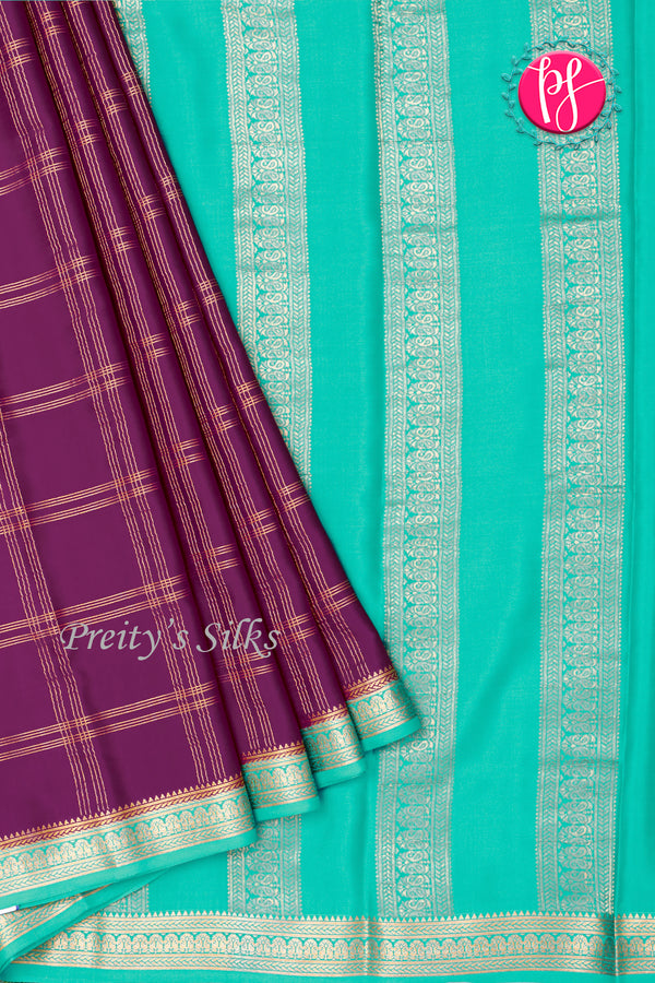 Pure Mysore Crepe Silk Saree-Double Checks-Deepwine And Aquablue-PA26523