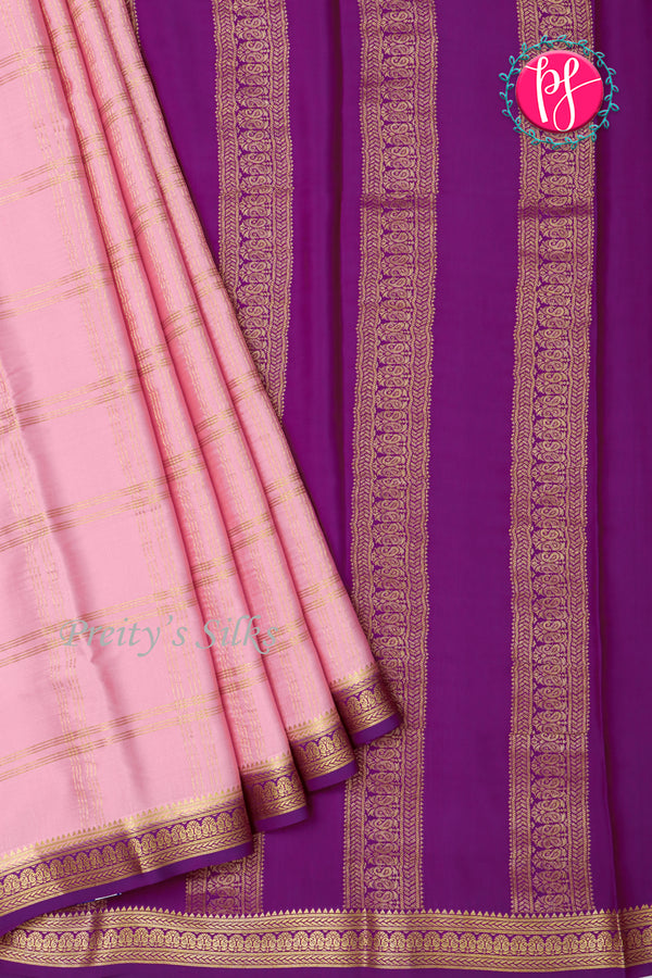 Pure Mysore Crepe Silk Saree-Double checks-Rosepink And Purple-PA26523