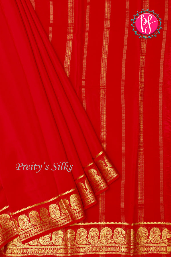 Pure Mysore Crepe Silk Saree-Mango border- Red- PA35251