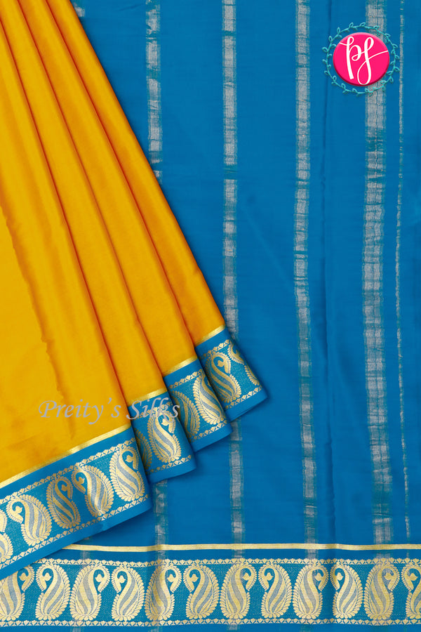 Pure Mysore Crepe Silk Saree -Mustardyellow And Oceanblue- PA47159