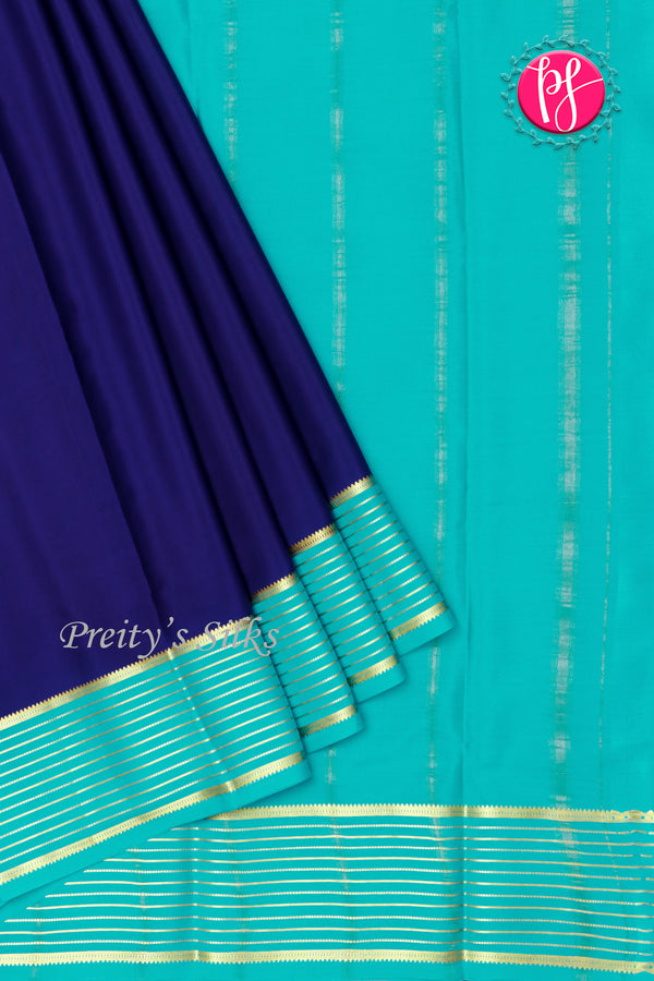 Pure Mysore Crepe Silk Saree-Navyblue And Tealblue-PA28865