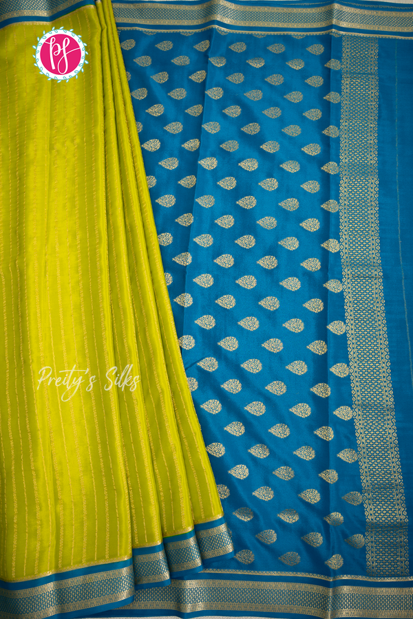 Pure Mysore Crepe Silk Saree-Olivegreen And Tealblue-PA57314