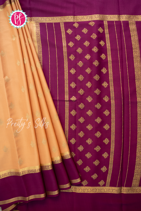 Pure Mysore Crepe Silk Saree-Peach And Wine-PA56316