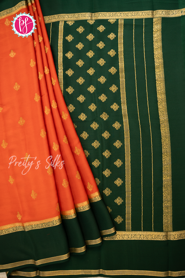 Pure Mysore Crepe Silk Saree-Orange And Bottlegreen- PA56316