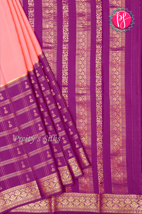 Pure Mysore Crepe Silk Saree-Peach And Wine-PA46832