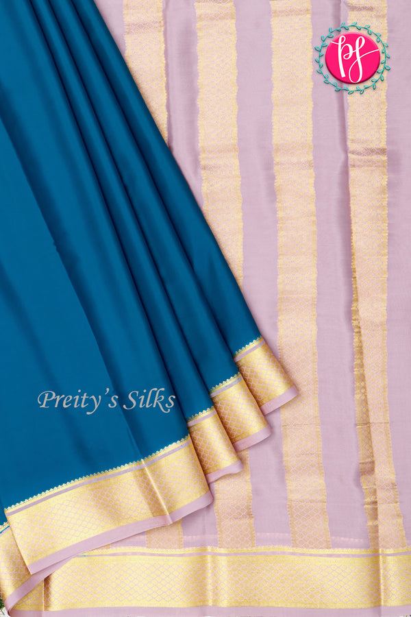 Pure Mysore Crepe Silk Saree-Tealblue And Lightgrey-PA22389