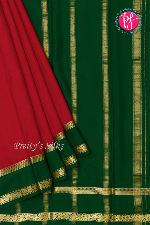 Pure Mysore Crepe Silk Saree-Red And Bottlegreen- PA22264