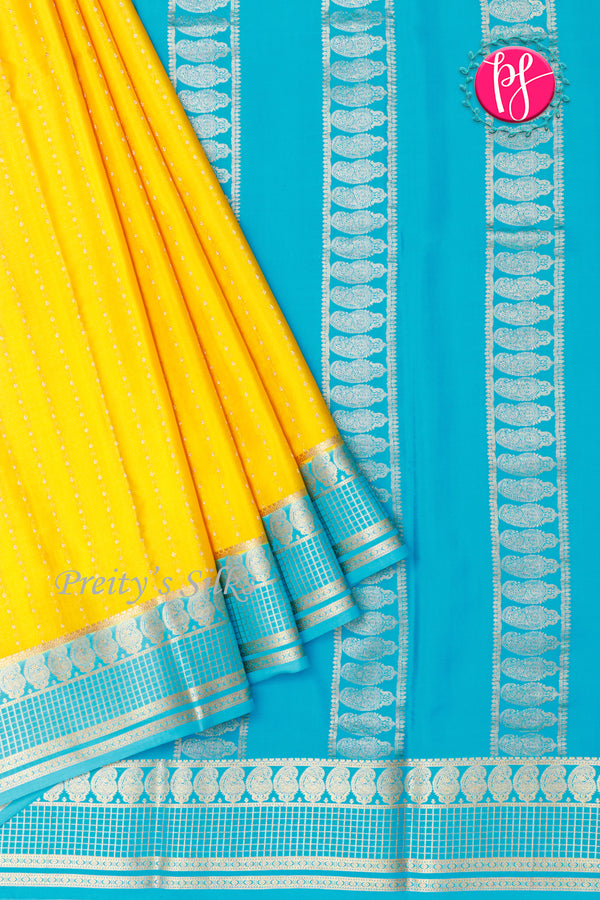 Pure Mysore Crepe Silk Saree-Yellow And Skyblue-PA26566