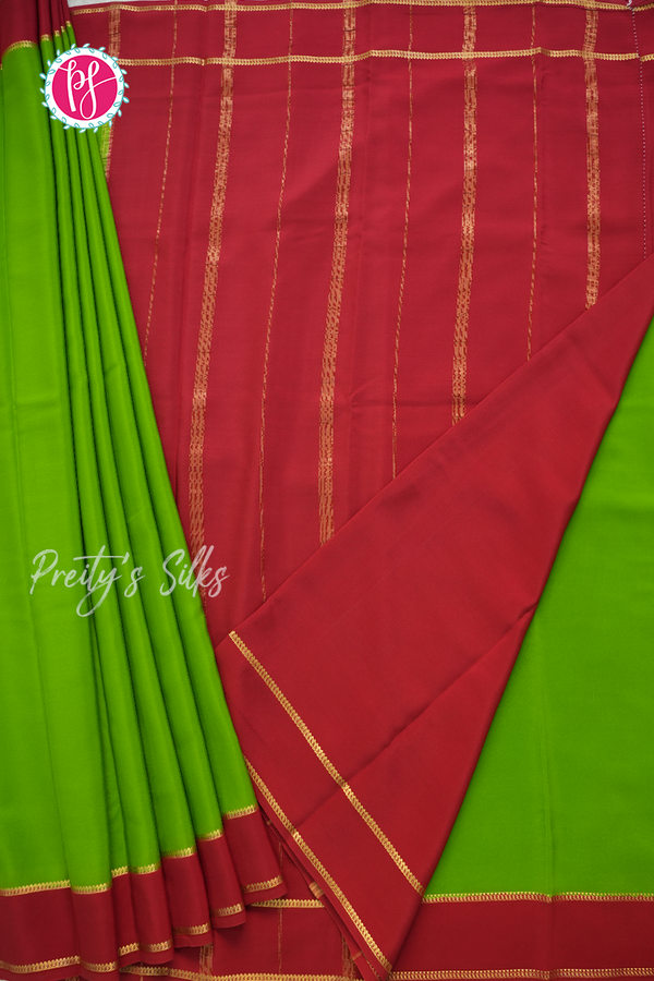Pure Mysore Crepe Silk Saree-Parrotgreen And Deepred-PA55504