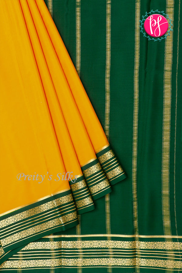 Pure Mysore Crepe Silk Saree-Yellow And Green- PA34176
